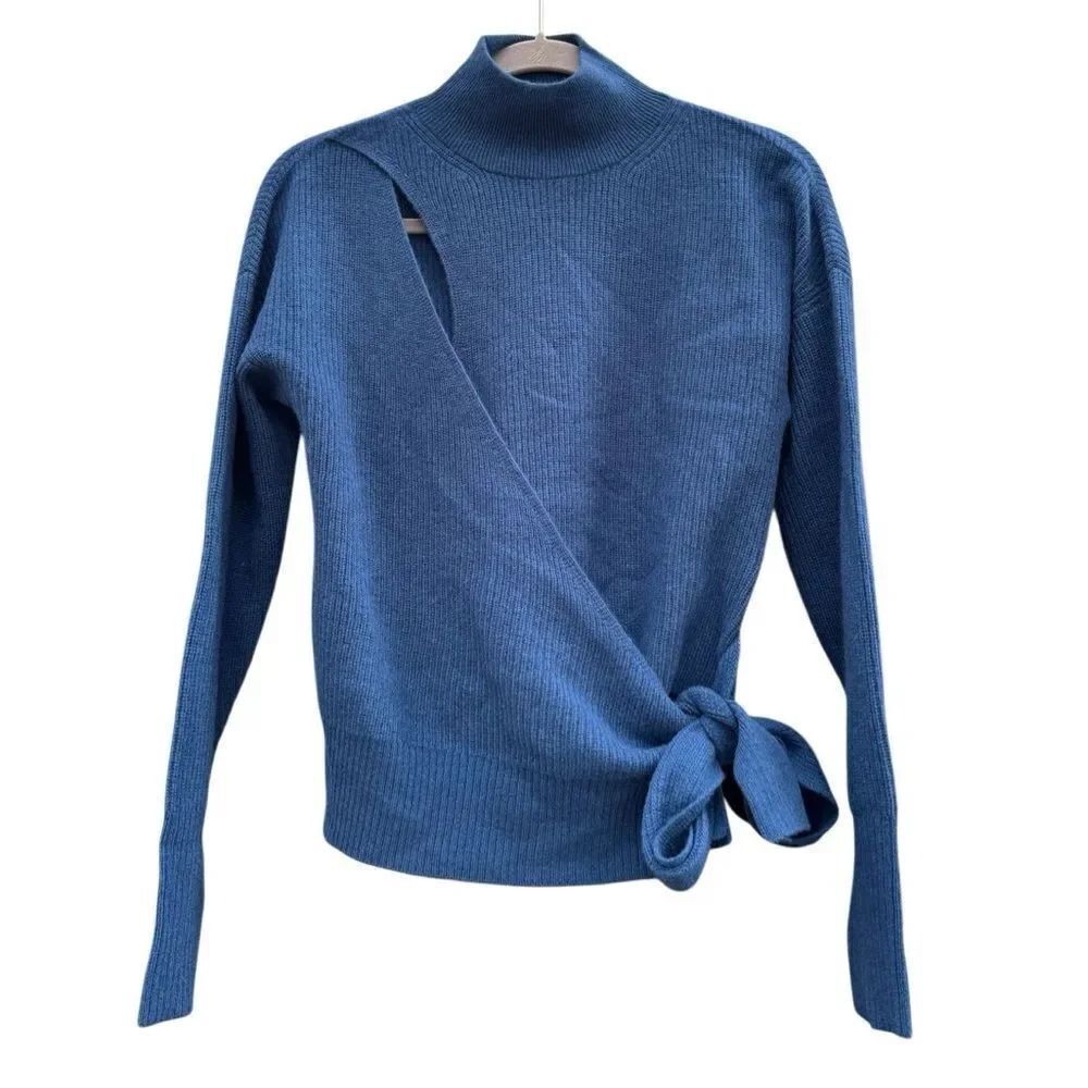 InCashmere Women's Teal Wrap Strap High Neck 100% Cashmere Sweater Top Medium